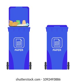 Blue garbage cans with debris made of paper and cardboard. Sorted rubbish. Vector illustration.