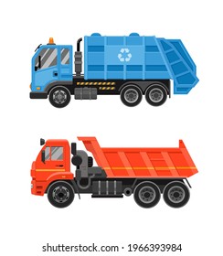 Blue garbage truck with front loader and orange dump truck. Set. Special transport, flat side view. Vector illustration