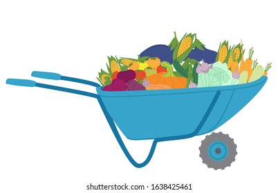 Blue garden car with farm vegetables.