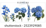 Blue garden flowers isolated on a white background. Vintage painting style illustration.