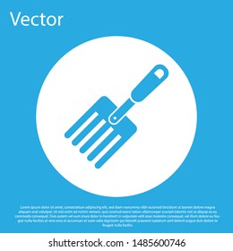 Blue Garden fork icon isolated on blue background. Pitchfork icon. Tool for horticulture, agriculture, farming. White circle button. Vector Illustration