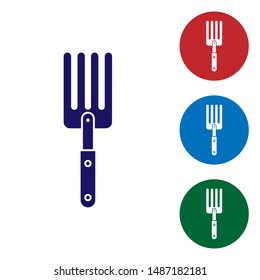 Blue Garden fork icon isolated on white background. Pitchfork icon. Tool for horticulture, agriculture, farming. Set color icon in circle buttons. Vector Illustration
