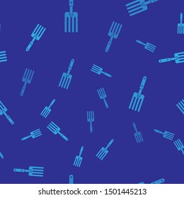 Blue Garden fork icon isolated seamless pattern on blue background. Pitchfork icon. Tool for horticulture, agriculture farming.  Vector Illustration