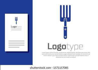 Blue Garden fork icon isolated on white background. Pitchfork icon. Tool for horticulture, agriculture, farming. Logo design template element. Vector Illustration