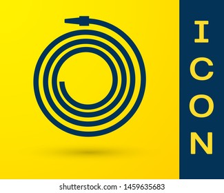 Blue Garden hose or fire hose icon isolated on yellow background. Spray gun icon. Watering equipment.  Vector Illustration