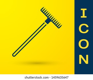 Blue Garden rake icon isolated on yellow background. Tool for horticulture, agriculture, farming. Ground cultivator. Housekeeping equipment.  Vector Illustration