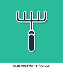 Blue Garden rake icon isolated on green background. Tool for horticulture, agriculture, farming. Ground cultivator. Housekeeping equipment.  Vector Illustration