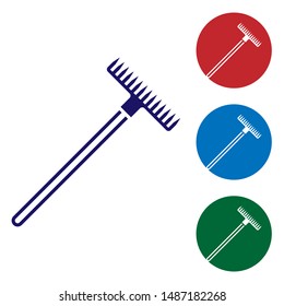 Blue Garden rake icon isolated on white background. Tool for horticulture, agriculture, farming. Ground cultivator. Housekeeping equipment. Set color icon in circle buttons. Vector Illustration