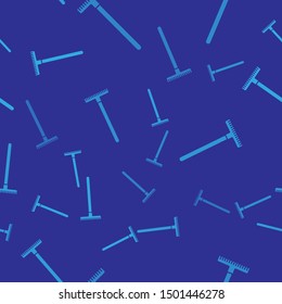 Blue Garden rake icon isolated seamless pattern on blue background. Tool for horticulture, agriculture, farming. Ground cultivator. Housekeeping equipment.  Vector Illustration