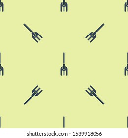 Blue Garden rake icon isolated seamless pattern on yellow background. Tool for horticulture, agriculture, farming. Ground cultivator. Housekeeping equipment.  Vector Illustration