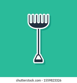 Blue Garden rake icon isolated on green background. Tool for horticulture, agriculture, farming. Ground cultivator. Housekeeping equipment.  Vector Illustration