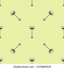 Blue Garden rake icon isolated seamless pattern on yellow background. Tool for horticulture, agriculture, farming. Ground cultivator. Housekeeping equipment.  Vector Illustration
