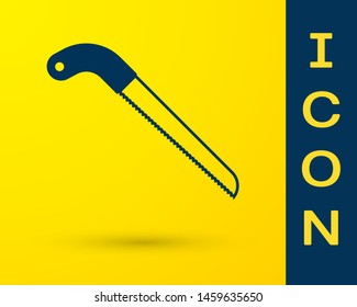 Blue Garden saw icon isolated on yellow background.  Vector Illustration
