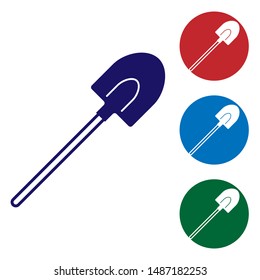 Blue Garden shovel icon isolated on white background. Gardening tool. Tool for horticulture, agriculture, farming. Set color icon in circle buttons. Vector Illustration