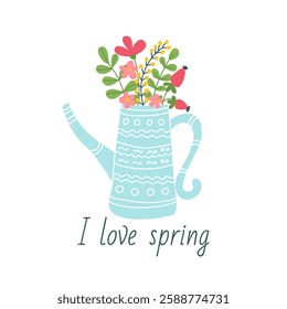 Blue garden watering can with beautiful spring flowers. Hand drawn cute spring card I love Spring. Perfect for greeting card, leaflets, invitation, poster, cover, social media, banner. Vector