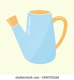 Blue garden watering can. Irrigation symbol. Flat vector illustration with elements of realism. Spring, summer, autumn, cute icon. Isolated on a yellow background.