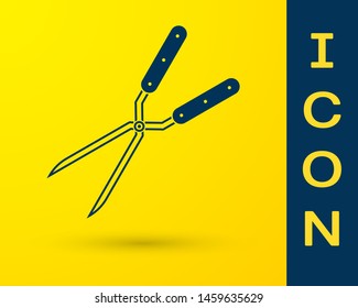 Blue Gardening handmade scissors for trimming icon isolated on yellow background. Pruning shears with wooden handles.  Vector Illustration