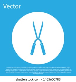 Blue Gardening handmade scissors for trimming icon isolated on blue background. Pruning shears with wooden handles. White circle button. Vector Illustration