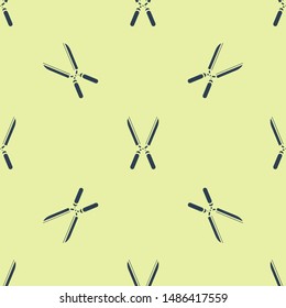 Blue Gardening handmade scissors for trimming icon isolated seamless pattern on white background. Pruning shears with wooden handles.  Vector Illustration