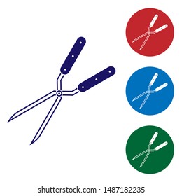 Blue Gardening handmade scissors for trimming icon isolated on white background. Pruning shears with wooden handles. Set color icon in circle buttons. Vector Illustration