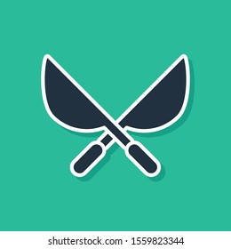 Blue Gardening handmade scissors for trimming icon isolated on green background. Pruning shears with wooden handles.  Vector Illustration
