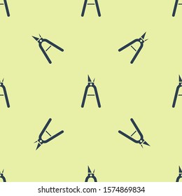 Blue Gardening handmade scissors for trimming icon isolated seamless pattern on yellow background. Pruning shears with wooden handles.  Vector Illustration