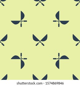 Blue Gardening handmade scissors for trimming icon isolated seamless pattern on yellow background. Pruning shears with wooden handles.  Vector Illustration