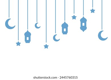 Blue garland for Ramadan. Crescent, star, lantern and Moroccan candlesticks. Color vector illustration. Outline on isolated background. Festive curtains on threads of different lengths. Doodle style