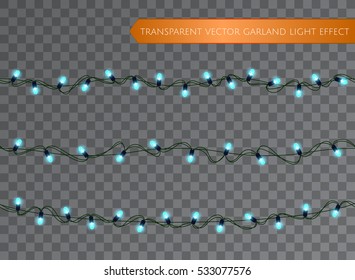 Blue garland set, Christmas decoration lights effects. Isolated transparent vector design elements. Glowing lights for Xmas Holiday greeting card design. Christmas realistic luminous garland.