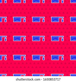 Blue Gas filling station icon isolated seamless pattern on red background. Transport related service building Gasoline and oil station.  Vector Illustration