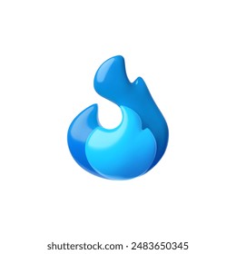 Blue gas or fire flame 3D plastic style icon. Burning bonfire or campfire emoji. Vector 3d realistic energy and power design element. Render sprite of fire. Glossy volumetric gas burner