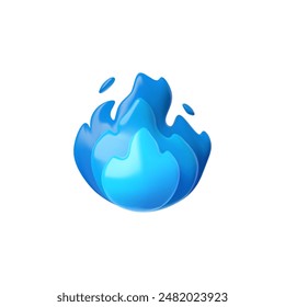 Blue gas or fire flame with sparks 3D plastic style icon. Burning blue bonfire or campfire. Vector 3d realistic design element. Render sprite of fire, volume sparkle torch. Energy and power concept
