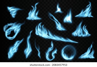 Blue gas fire trails and flames, realistic flames with long burning tongues. Vector natural fossil burning, magic blaze 3d effect, glowing shining flare elements, isolated round borders, traces set