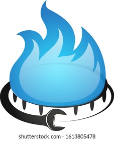 Blue gas flame and wrench symbol for repair and installation