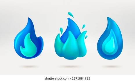 Blue gas flames collection. 3d vector icons isolated on white background
