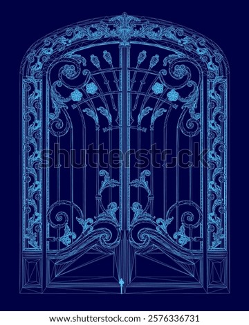 Blue gate with a flower design. The gate is closed and the flowers are in the middle of the gate