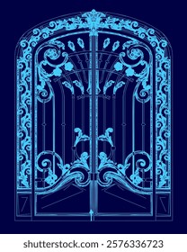 The blue gate is intricately designed with a trim. The door has a unique and elegant appearance, making it a standout feature in any space