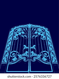 The blue gate is ornate and has a lot of detail. It is open and inviting. The gate is a symbol of welcoming and hospitality