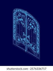 Blue gate with a trim. The door wireframe is ornate