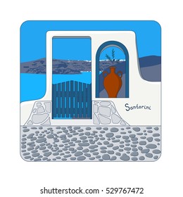 Blue gate in the wall and olive branch in the vase at Santorini island in Greece vector illustration