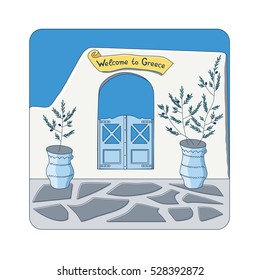 Blue gate in the wall with "Welcome to Greece" invitation and olive trees in the pots vector illustration