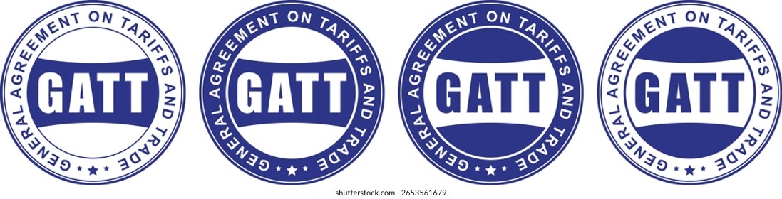 blue gatt circular badges with general agreement on tariffs and trade text in stamp layout style