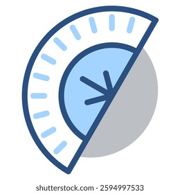 Blue gauge icon represents progress completion or a downward trend against a gray background Useful for dashboards and data visualization projects.