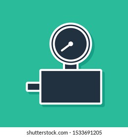 Blue Gauge scale icon isolated on green background. Satisfaction, temperature, manometer, risk, rating, performance, speed tachometer.  Vector Illustration