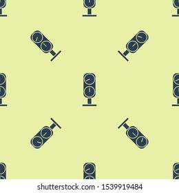Blue Gauge scale icon isolated seamless pattern on yellow background. Satisfaction, temperature, manometer, risk, rating, performance, speed tachometer.  Vector Illustration