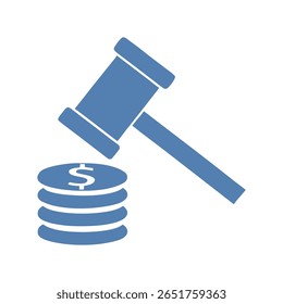 Blue gavel striking stacked coins with dollar sign hammer money