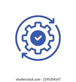 blue gear with arrow like efficiency operation icon. flat linear trend modern logotype graphic stroke design web element isolated on white. concept of development sign or guarantee of factory control svg