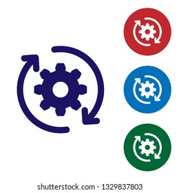 Blue Gear and arrows as workflow concept icon isolated on white background. Gear reload sign. Set color icon in circle buttons. Vector Illustration