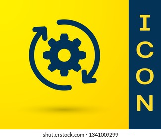 Blue Gear and arrows as workflow concept icon isolated on yellow background. Gear reload sign. Vector Illustration