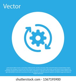 Blue Gear and arrows as workflow concept icon isolated on blue background. Gear reload sign. White circle button. Flat design. Vector Illustration